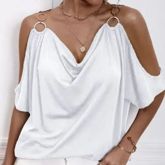 Ladies' Solid Color Cold Shoulder Hanging Neck O-ring Detail T-shirt