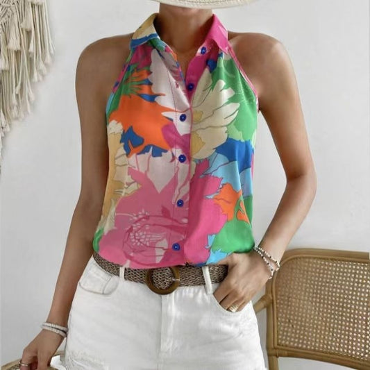 Ladies' Colorful Floral Print Sleeveless Vacation Style Loose Chiffon Shirt