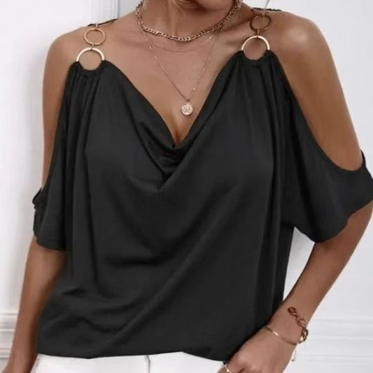 Women's Solid Color Cold Shoulder Hanging Collar O-ring Detail T-shirt Top