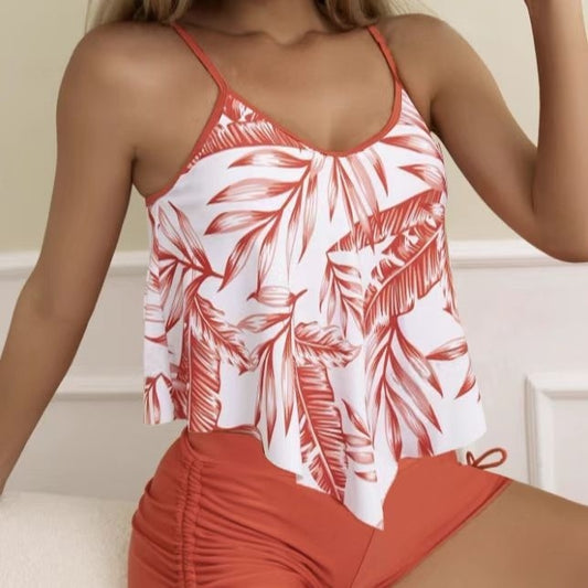 Ladies' Asymmetrical Plant Printed Camisole Top With Drawstring Details, Sexy Hip Hugging Shorts, Vacation Style Two-piece Set